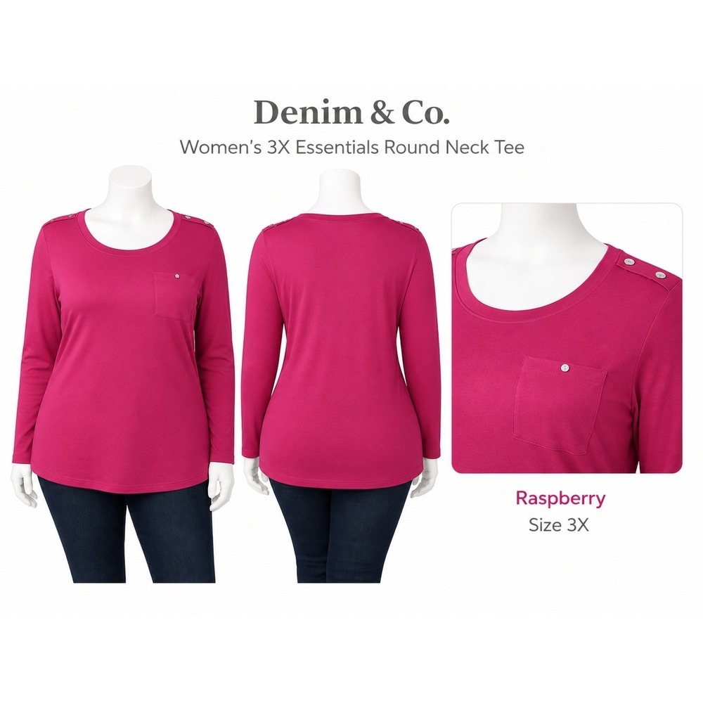 Denim & Co Essentials Raspberry Pink Round Neck Button Shoulder Top 3X Plus Size